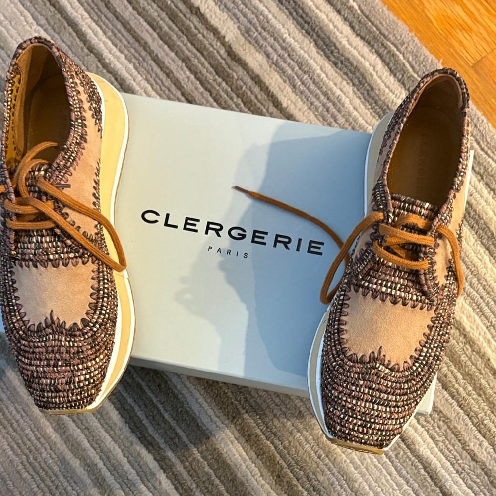 Robert Clergerie “over”Tan and Brown Woven canvas Lace-Up Sneakers